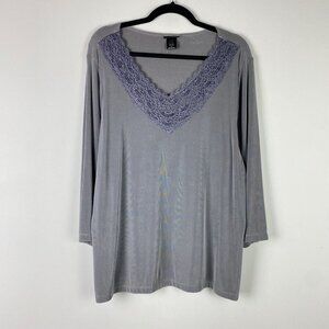 Citiknits Slinky Knit Shirt Womens 1X Gray Embellished Crochet Neckline V Neck